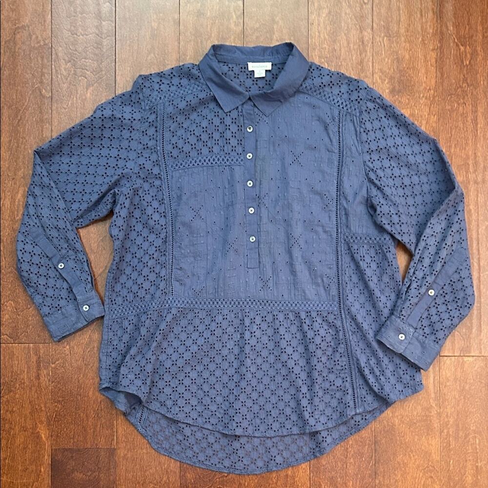 Sundance Blue Mixed Eyelet Cotton Top, Size Large